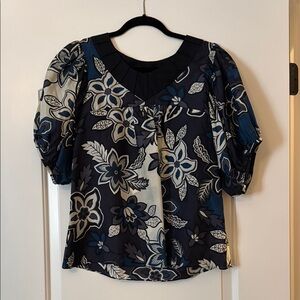 Liquido Ruffled Puff Sleeve Blue and White Blouse